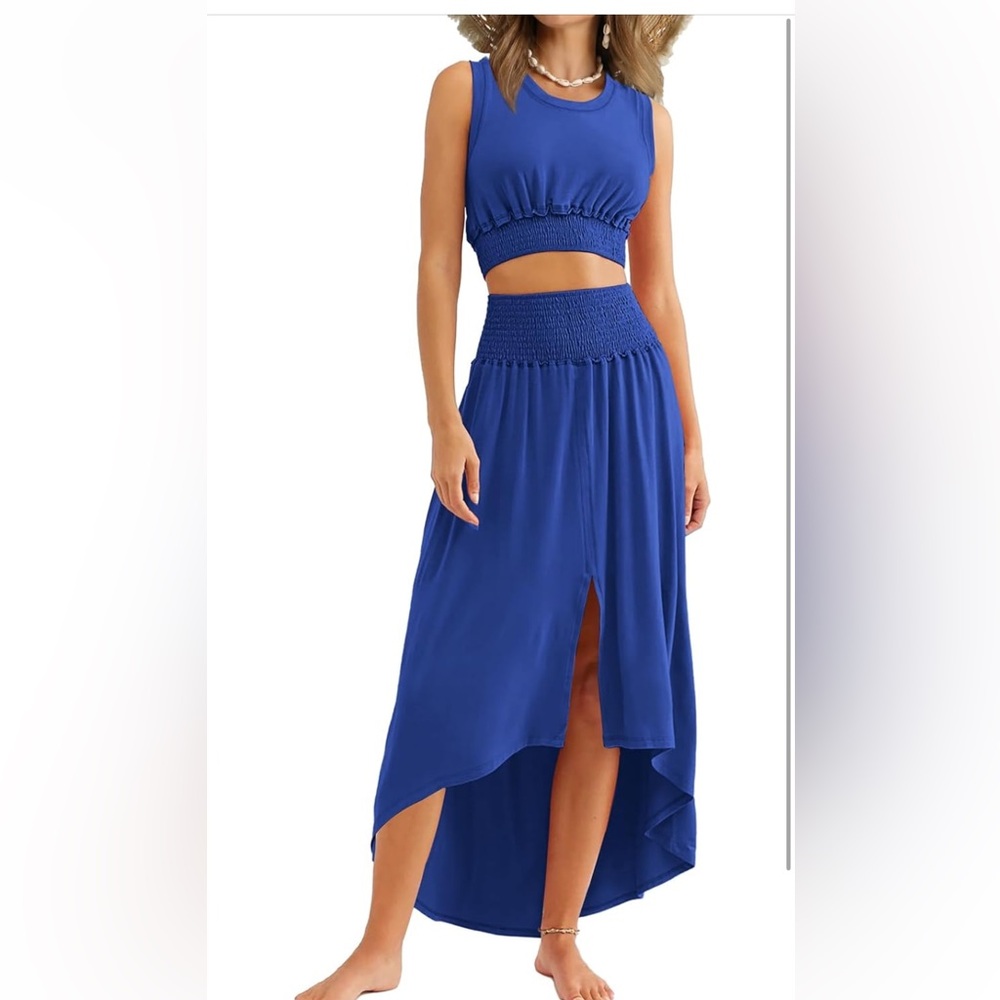 WIHOLL Womens 2 Piece CropTops Casual Split Vacation Maxi Skirt